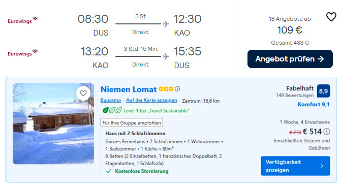 冰雪极光芬兰拉普兰之旅8天236欧，包直飞往返机票3星度假屋住宿
