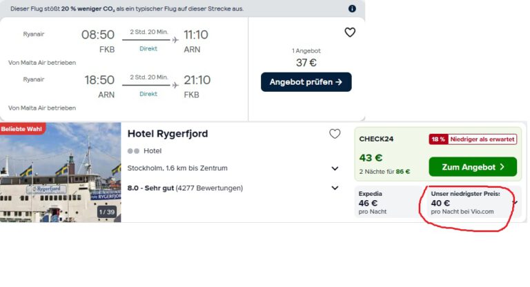 瑞典斯德哥尔摩3天游77欧，包往返机票游轮酒店住宿
