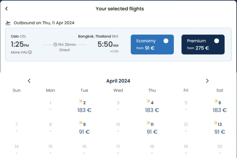 挪威奥斯陆直飞泰国曼谷低至91欧，经济舱优选275欧，2024年4月