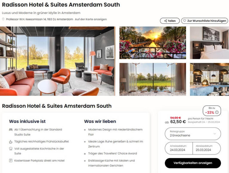 荷兰阿姆斯特丹4星丽笙酒店双人套房含早餐停车位半价63欧/人