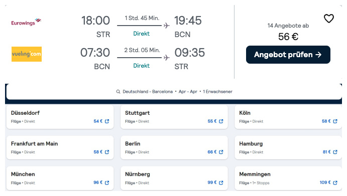 德国往返西班牙巴塞罗那特价机票低至58欧