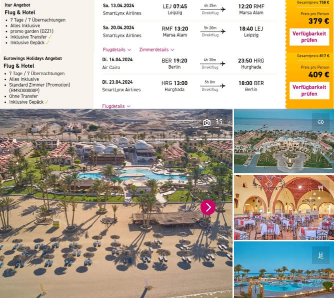 埃及红海之旅8天379欧，包往返机票高分4星海滨酒店住宿4餐接送
