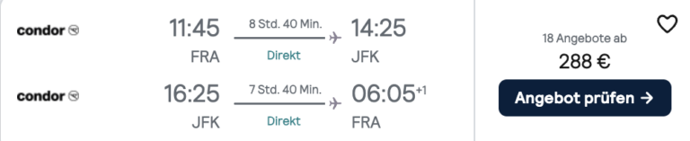 德国法兰克福直飞往返美国纽约低至288欧